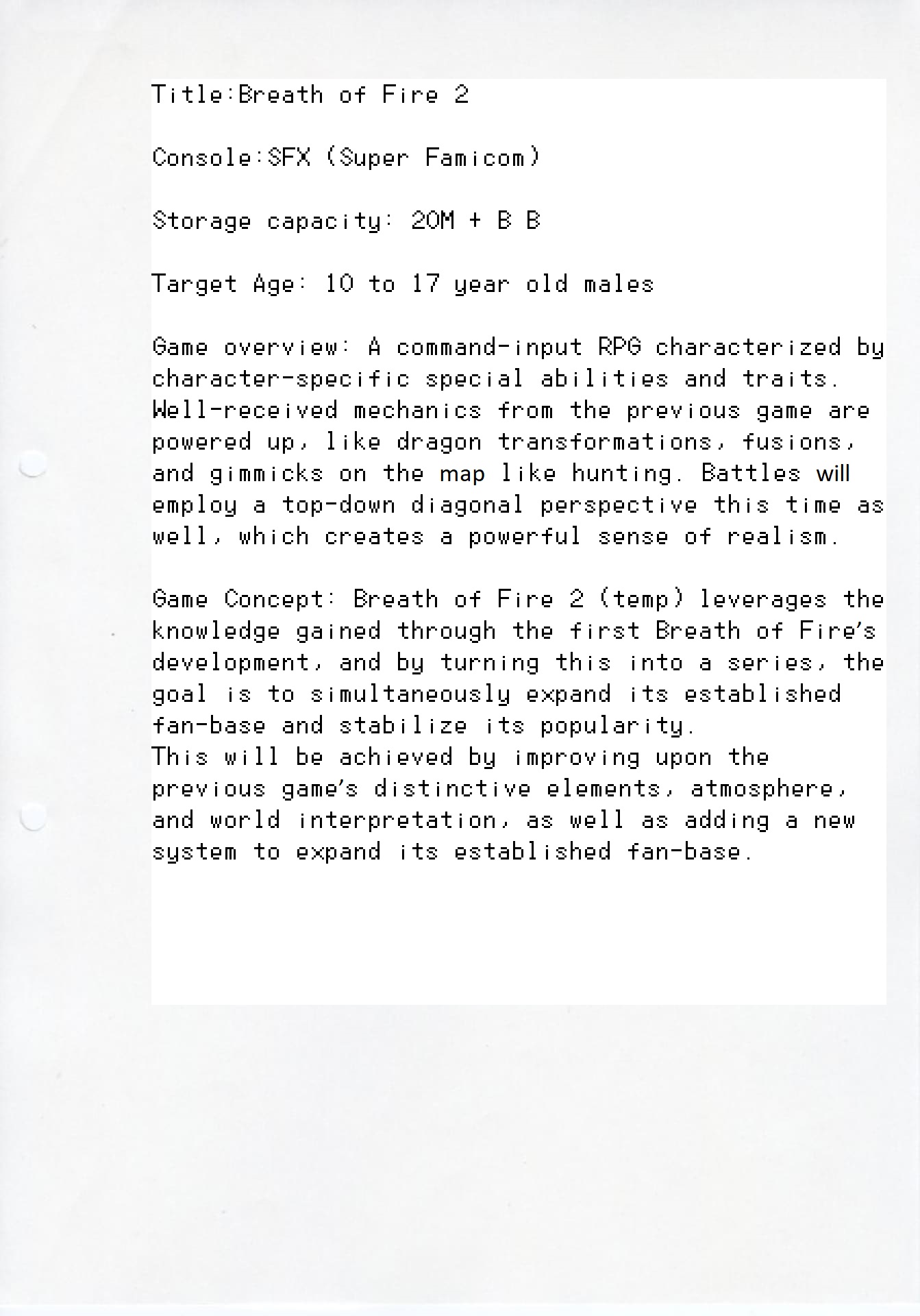 Breath of Fire 2 Design Doc Page 2 / English